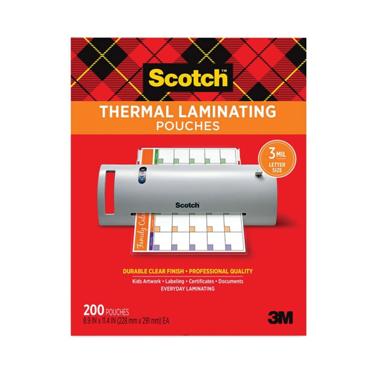 Scotch 3 mil 11-2/5 in. x 8-9/10 in. Letter Size Thermal Laminating Pouches (200/Pack)